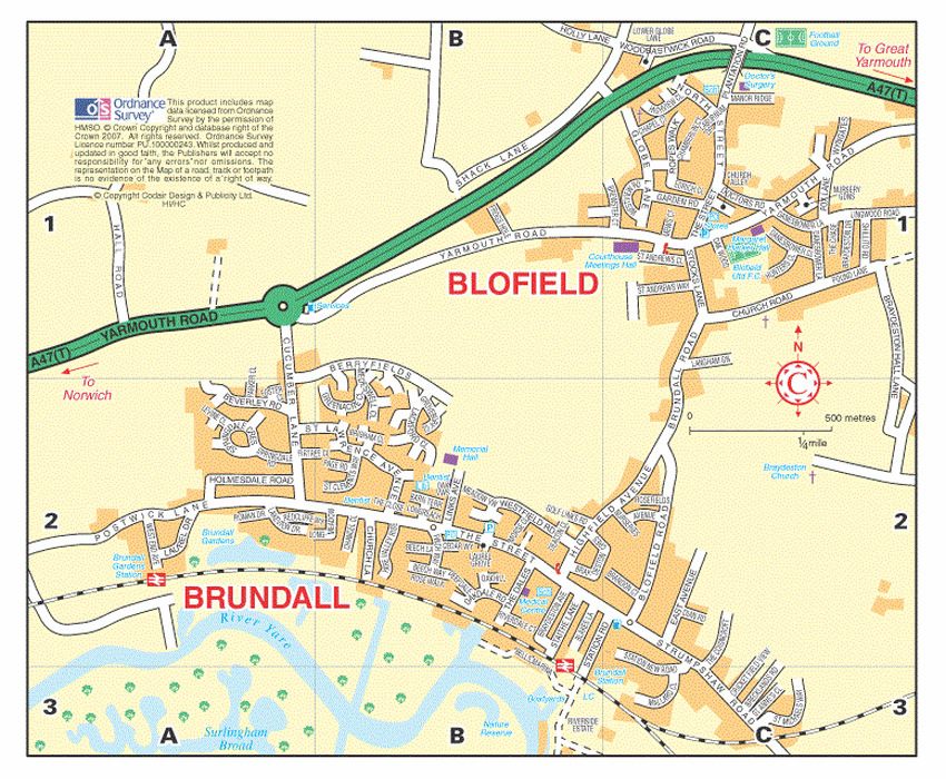 If you can enlarge this map enough you can see the date is 2007.  The large estate off Cucumber Lane
called 'Berryfields' is shown.  Brundall is separated from Blofield by the stream called the Lackford Run,
not shown on this map, which goes under the road between Highfield Avenue and Brundall Road.
